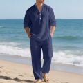 Linen Autumn New Men's Suit Beach Style Loose Casual Breathable V-Long Sleeve Henley Shirt with Straight-Leg Pants 2 Set. 