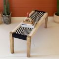 Mango Wood Bench with Black and White Cotton Weaving. 