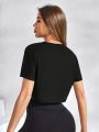 Women's Casual Printed Crop Top Athletic Style Short Sleeve Round Neck Gym T-Shirt for Workout & Fitness. 