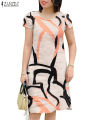 ZANZEA Summer Short Sleeve Dress Women Knee-length O Neck Casual 2024 OL Work Printing Party Vestidos Holiday Elegant Sundress. 