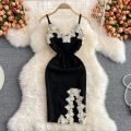 2024 Backless Lace Patchwork Knitted Split Summer Dress Women Black Mini Party Dress Bodycon Sheath night Club Outfits.