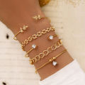 Trendy Geometric Link Chain Bracelet Set For Women Rhinestones Gold Color Leaves Heart Pendant Open Cuff Bangle Girls Jewelry. 
