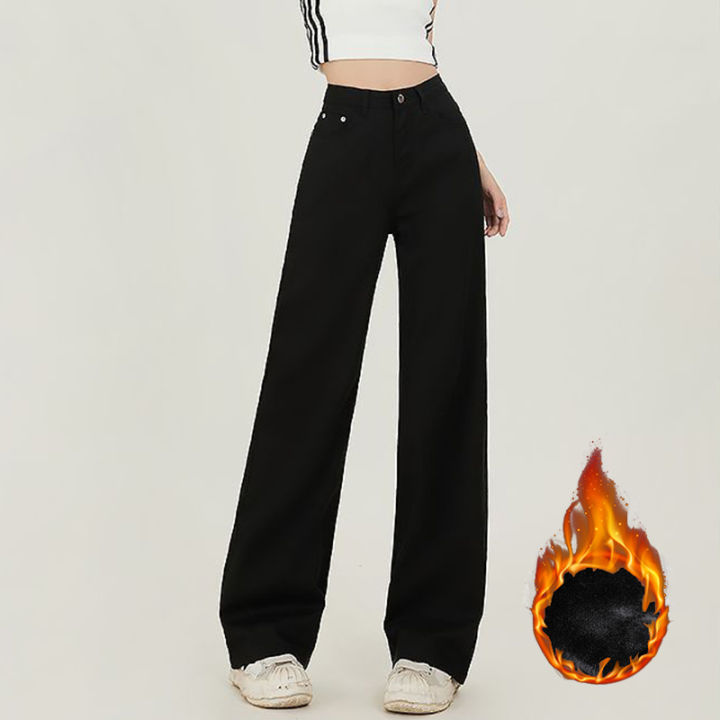 Winter Girls Fleece Thermal High Waist Jeans Female Snow Warm Plush Denim Pants Lady Casual Daily Straight Leg Trousers