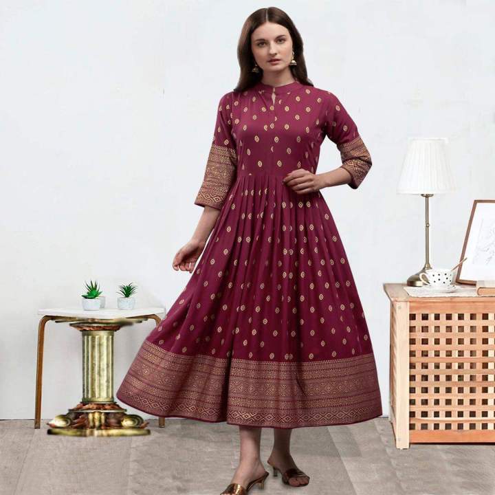Womens High Quality Long Kurti Afsan Print China Linen Fabric