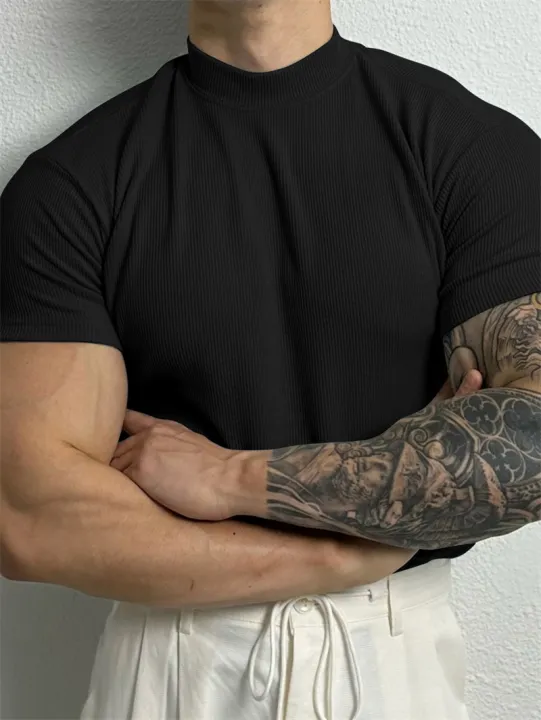 Spring%20Summer%20Fashion%20Men's%20T-Shirt%20Small%20High%20Collar%20Stripe%20Shirt%20Short%20Sleeve%20Fitness%20Top%20Leisure%20Sport%20T-Shirt%20Men%20Sportswear%20-%20Image%203