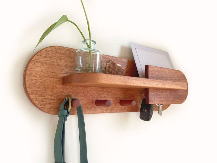 Exotic Mahogany Entryway Organizer, 17x6 inch Wall Mount Coat Rack