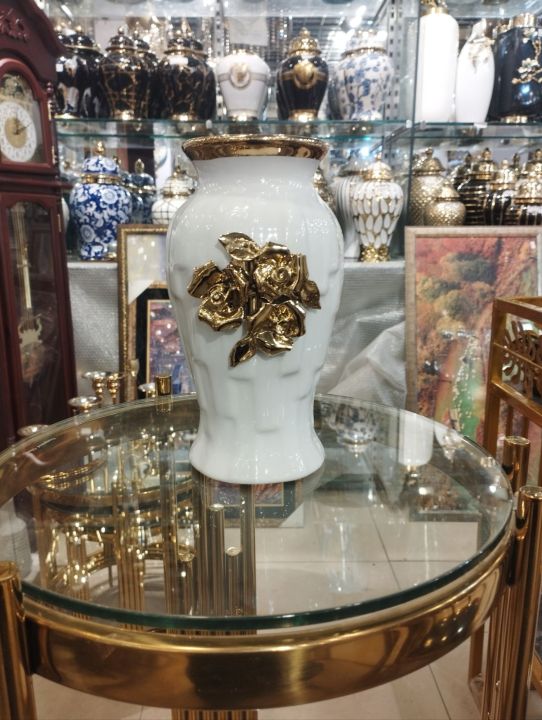 Ceramic Vase 8 inches Black White golden flower