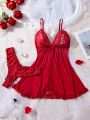  Lace Lingerie Set for Women, Red Sleepwear Nightdress with Matching Panties, V-Neck Sheer Lace Camisole, Romantic Night. 