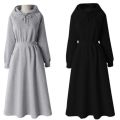 Autumn Winter Casual Women Hooded Cotton Long Dress Long Sleeved Pullover Solid Hoodie Shirring A-Line Floor-Length Rib Dresses.