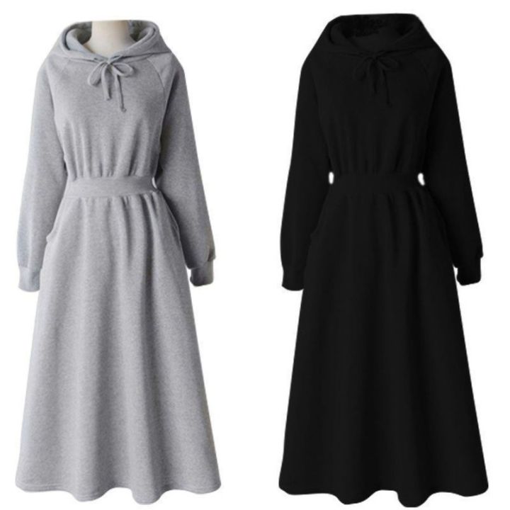 Autumn%20Winter%20Casual%20Women%20Hooded%20Cotton%20Long%20Dress%20Long%20Sleeved%20Pullover%20Solid%20Hoodie%20Shirring%20A-Line%20Floor-Length%20Rib%20Dresses%20-%20Image%204