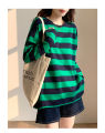 Tzy new long-sleeved T-shirt. cute striped design, comfortable to wear, soft texture, fashion clothes, black/green, black, round neck design.. 