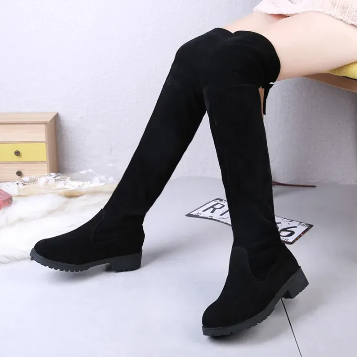 2025%20Faux%20Suede%20Female%20Heels%20Autumn%20Winter%20Elastic%20Knee-high%20Boots%20for%20Women%20Tube%20Lace-up%20Thigh%20Boots%20Black%20Botas%20-%20Image%203