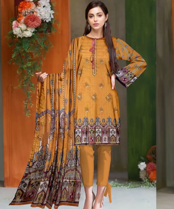 Digital SLUB LINEN with Same EMBROIDERED DUPATTA  (3 Piece) Unstitched Suit For Ladies.             Digital Linen Suit For Winter Sale.  Ladies unstitched Fabric For Winter.  Linen Slub Embroidery Gala with embroidery Dupatta  (Yellow).