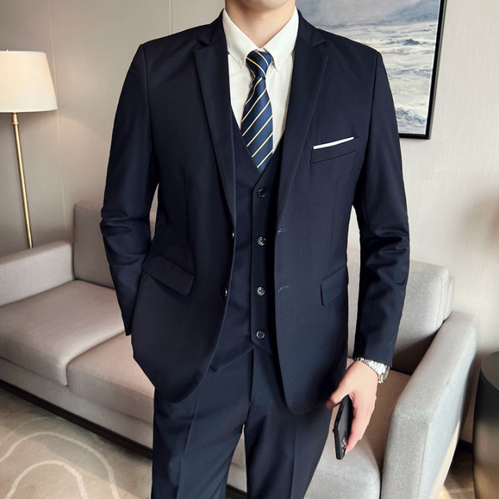 Men's High-Quality 3-Piece Business Casual Wedding Suit Vest Trousers Set Handsome Fashion Banquet Clothing S-6XL