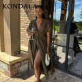 KONDALA 2026 Spring Summer Vintage Women Dress Fashion Single Breasted Sashes Draped V Neck Sleeveless Chic Brown Ladies Dresses. 