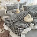 3pcs red,black plaid Duvet Cover Set (1*Duvet Cover + 2*Pillowcase, Without Core), Lace embroidery Bedding Set. 