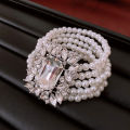 Shiny Big Square Zircon Bracelets Elegant Imitation Pearl Multi-layer Chain Bracelets Bangles for Women Party Wristbands K-.