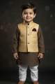Premium Kids Boys Panjabi Set with Golden Embroidery Waistcoat & Pajama - 3 Piece Suit for Eid, Wedding, Festivals (6 Months to 7 Years) - Pastel Green.