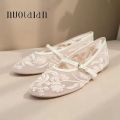 Embroidery Pearl Mesh Ballet Flats Women Fashion Hollow Round Toe Flat Sandals Elegant Comfortable Belt Buckle Mary Jane Shoes.