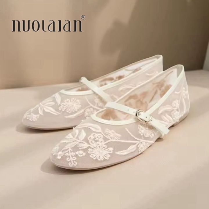 Embroidery Pearl Mesh Ballet Flats Women Fashion Hollow Round Toe Flat Sandals Elegant Comfortable Belt Buckle Mary Jane Shoes