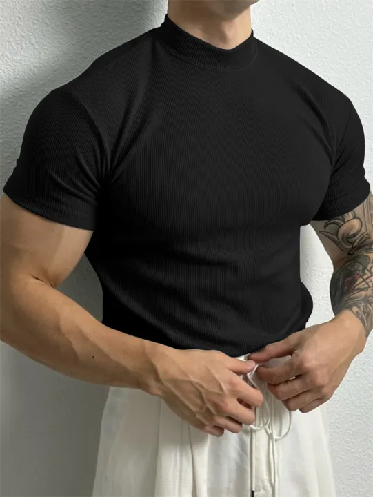 Spring%20Summer%20Fashion%20Men's%20T-Shirt%20Small%20High%20Collar%20Stripe%20Shirt%20Short%20Sleeve%20Fitness%20Top%20Leisure%20Sport%20T-Shirt%20Men%20Sportswear%20-%20Image%204