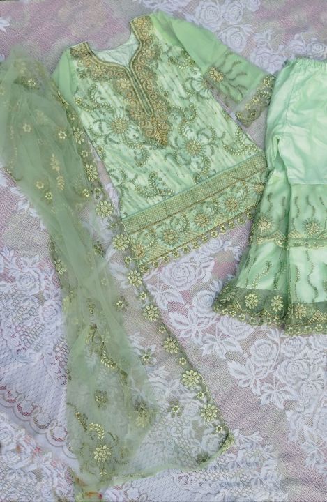 মহিলাদের জন্য নতুন পাকিস্তানি স্টাইলিশ শারারা ঘারারা হালকা সবুজ রঙের 3 পিস সেট