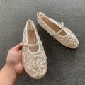 Women Design Embroidery Flowers Pearl Mesh Round Tor Buckle Strap Ballet Flats Loafers Ladies Mary Jane Shoes Woman Mules Sandal. 