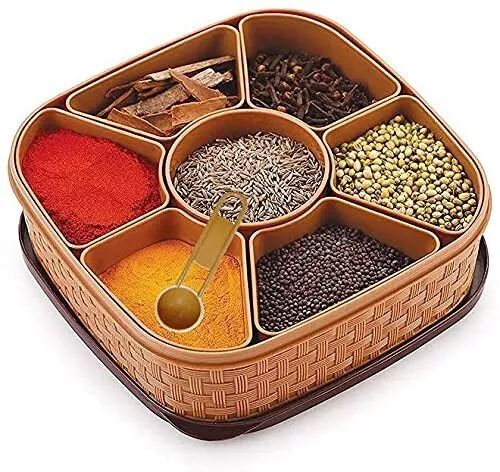 Strong Plastic Masala Box with Compartments and Spoon, BPA Free