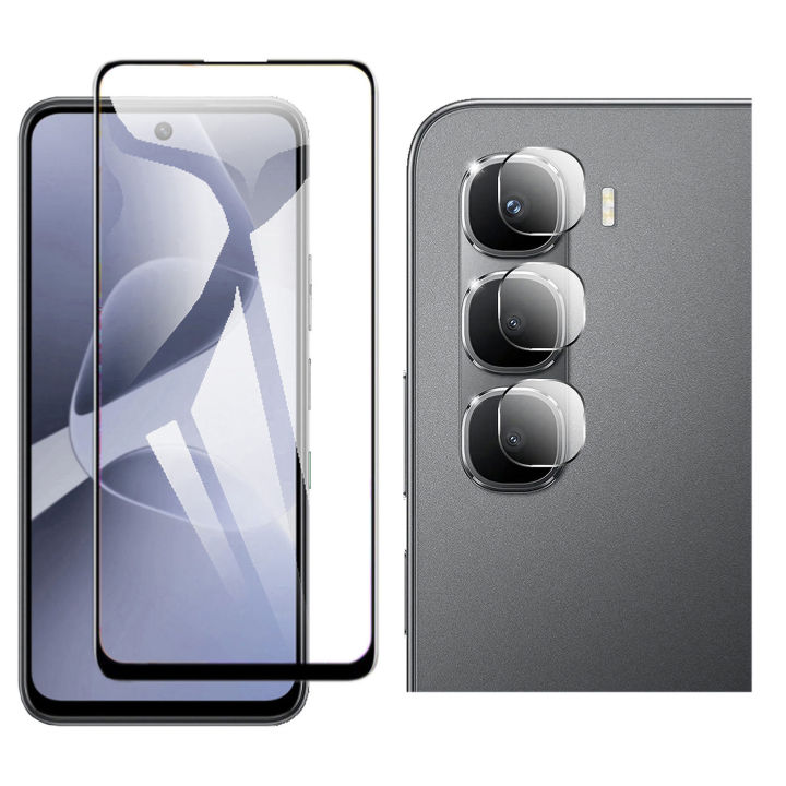 Infinix Hot 60 Pro Black 9D Tempered Glass Full Cover Protective Screen Protector + Back Camera Lens Protector 9H Gorilla Ultra Clear Film For Hot 60 Pro