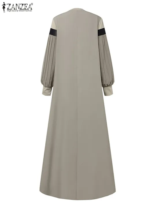 ZANZEA%20Autumn%20Women%20Muslim%20Dress%20Turkey%20Abaya%20Elegant%20Long%20Lantern%20Sleeve%20Patchwork%20Sundress%20Pleated%20Vestidos%20Islamic%20Dubai%20Robe%20-%20Image%205