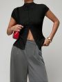 Women's Fashionable Knitted Turtleneck Top, Slim and Comfortable Four-Season Short-Sleeved Cardigan, Can Be Worn as a Base Layer. 