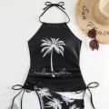 Coconut Print Straps, Large Size Conservative Belly Covering, Ladies Split Bikini, Large Size Conservative Belly Covering. 