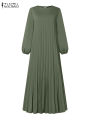 2025 ZANZEA Autumn Elegant Dresses Women O Neck Long Sleeve Sundress Muslim Dubai Abaya Robe Femme Solid Pleated Maxi Vestidos. 