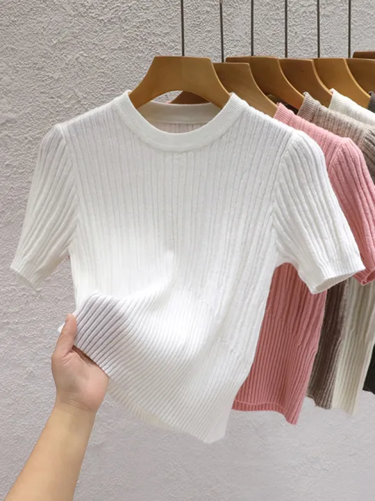 2025 Summer T shirts for Women Casual Female Korean Knit Streetwear Tees Basic Solid Young Cool Tops