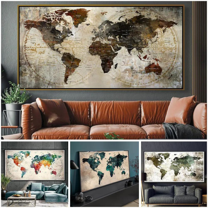 Modern World Map Canvas Art Decorative Poster for Living Room Bedroom ...