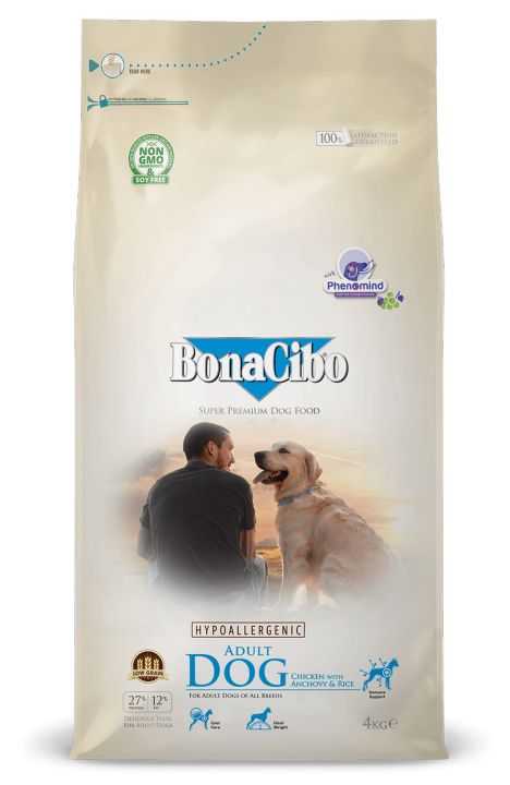 BonaCibo Adult Dog Food - 4kg | Super Premium Hypoallergenic Formula with Chicken, Anchovy & Rice for All Breeds