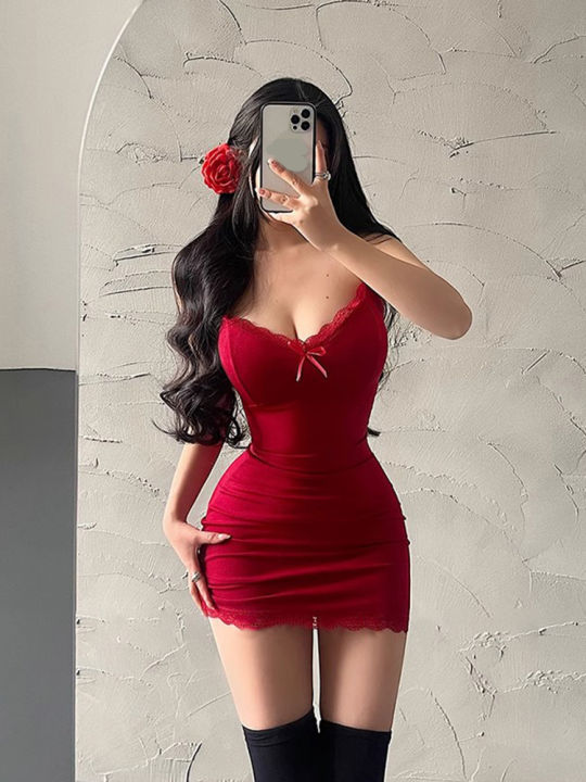 %20Summer%20Mini%20Dress%20Women%20Lace%20Red%20Camisole%20Sundress%20Sleeveless%20V-Neck%20Basic%20Bodycon%20Dresses%20Lady%20Club%20Party%20Y2k%20Clothes%20-%20Image%202