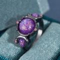 Fashion Female Round Purple Imitation Fire Opal Black Rings for Women Bridal Accessories High Quality Vintage Jewelry .