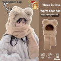 Winter Warm Plush Fleece 3-in-1 Bear Ear Hooded Cap Scarf Gloves Set Windproof Outdoor Accessories for Cold Weather.