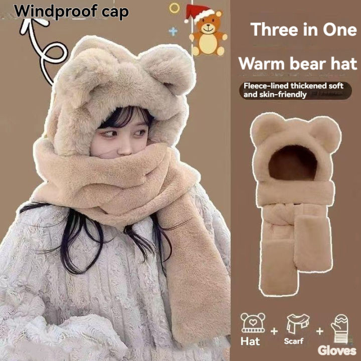 Winter Warm Plush Fleece 3-in-1 Bear Ear Hooded Cap Scarf Gloves Set Windproof Outdoor Accessories for Cold Weather