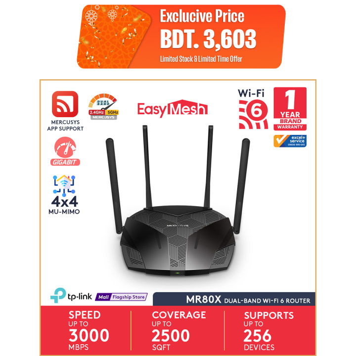 Mercusys MR80X V2.2 AX3000 Dual-Band Wi-Fi 6 Gigabit Router WiFi Speed up to 2402Mbps/5GHz + 574Mbps/2.4GHz, Gigabit 3 LAN Ports, 1 WAN Port Ideal for Gaming