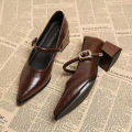 2025 Premium Leather Mary Janes - French Vintage Pointed Toe Pumps Chunky Heel Single Strap Shoes Buckle Decor.