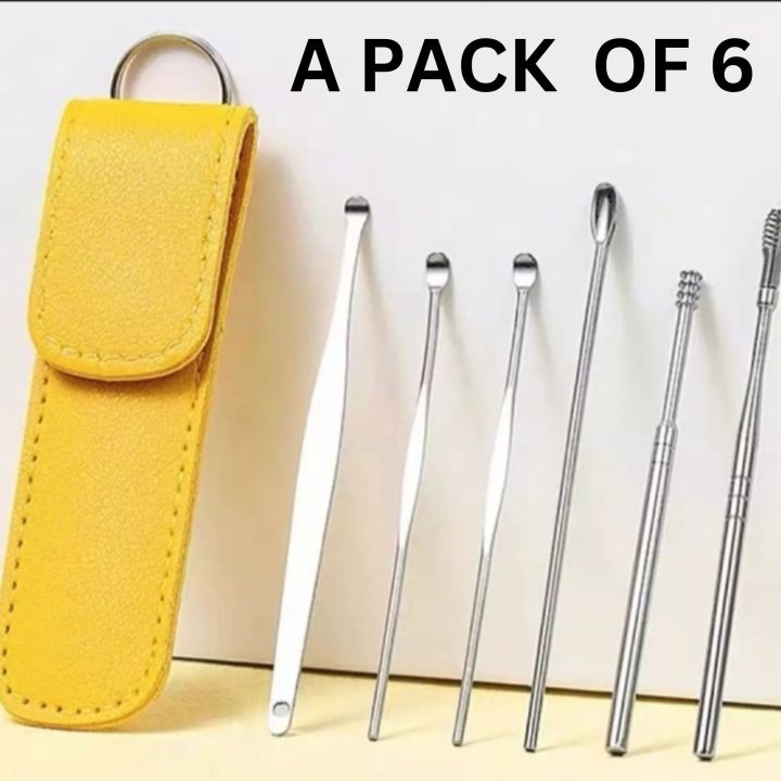 Ear Wax Cleaning Kit, 6 Pcs Ear Pick Tools, Wax Removal Kit, Ear Cleaning Tool Set, Spring Earwax Cleaner Tool Ear Wax Remover, Reusable Ear Cleaner for Children and Adult  Multifunction Portable Personal Beauty Care with Portable Fashion Leather Bag