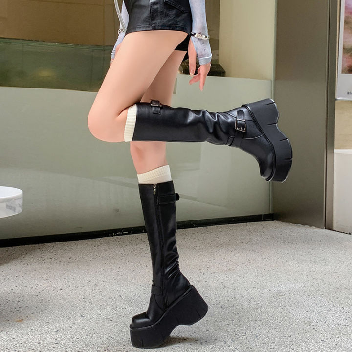 2024%20Women's%20Shoes%20Basic%20Women's%20Boots%20Classics%20Knee-High%20Boots%20Women%20Belt%20Buckle%20Side%20Zip%20Round%20Toe%20Wedge%20Platform%20Shoes%20Ladies%20-%20Image%205