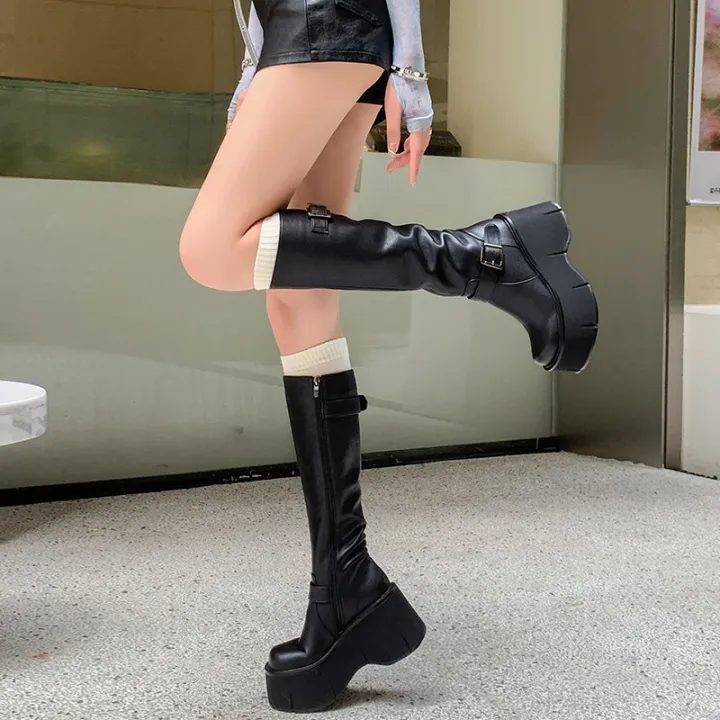 2024%20Women's%20Shoes%20Basic%20Women's%20Boots%20Classics%20Knee-High%20Boots%20Women%20Belt%20Buckle%20Side%20Zip%20Round%20Toe%20Wedge%20Platform%20Shoes%20Ladies%20-%20Image%205