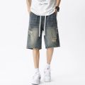 Summer Thin Denim Shorts Men's Retro Streetwear Blue Gray Stretch Straight Loose Fashionable Casual Ripped Short Jeans Men.