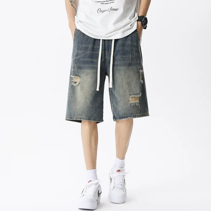 Summer%20Thin%20Denim%20Shorts%20Men's%20Retro%20Streetwear%20Blue%20Gray%20Stretch%20Straight%20Loose%20Fashionable%20Casual%20Ripped%20Short%20Jeans%20Men%20-%20Image%202
