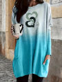 Fall/Winter New Fashionable Elegant Gradient Print Casual Crew Neck Pocket Plus Size Women's Long T-Shirt Top.