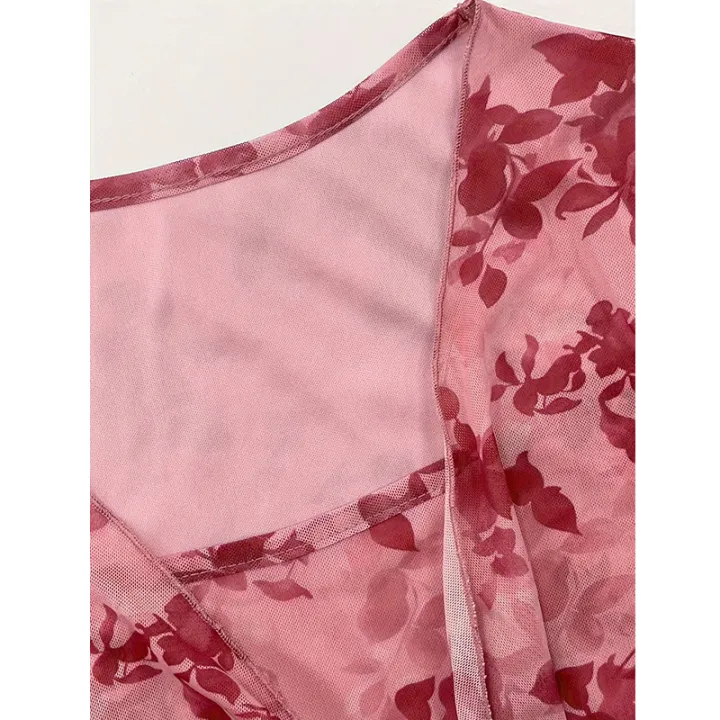 Summer%20Women's%20Y2k%20Floral%20Printed%20Sweet%20V-Neck%20T-shirts%20Mesh%20Beach%20Party%20Dress%20Top%20Flare%20Sleeve%20Square%20Collar%20Lace%20Up%20Shirt%202025%20-%20Image%204