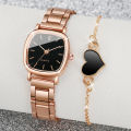 2PCS/Set Women's Watch Fashion Square Stainless Steel Band Quartz Watches Heart Bracelet Set. 